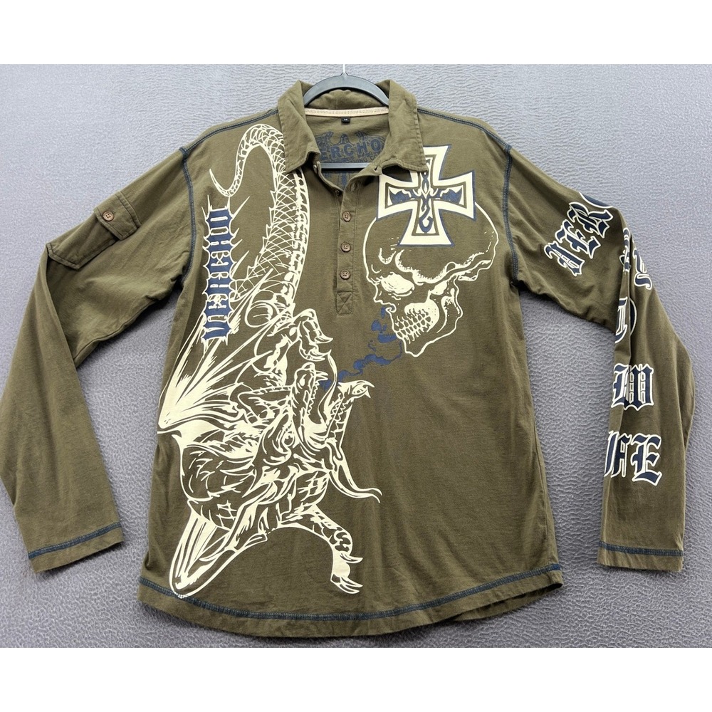 Vercho Henley Shirt Men's M Olive Green Collared Long Sleeve Skull Dragon Gothic